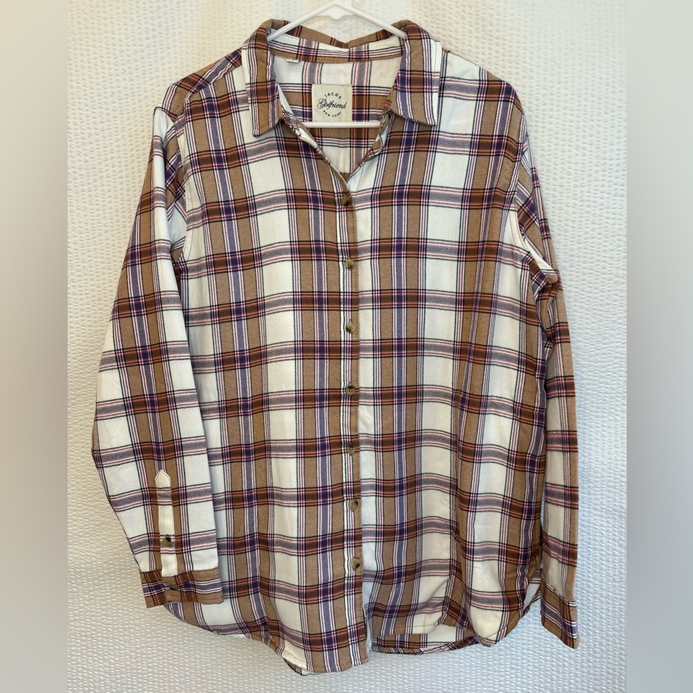 JACHS GIRLFRIEND Brown Purple Plaid Button Front Pocket Shirt Size Large NWOT